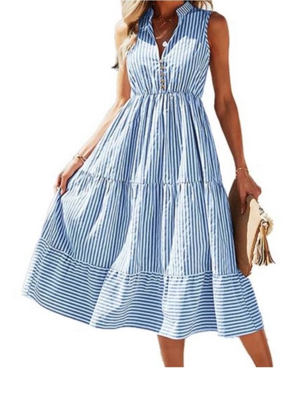 Sleeveless Blue and White Striped Midi Dress